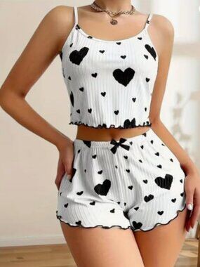 Women's Hearts Pajama 2 Piece Set Cami Tank Top & Shorts Lounge Sleepwear (M)